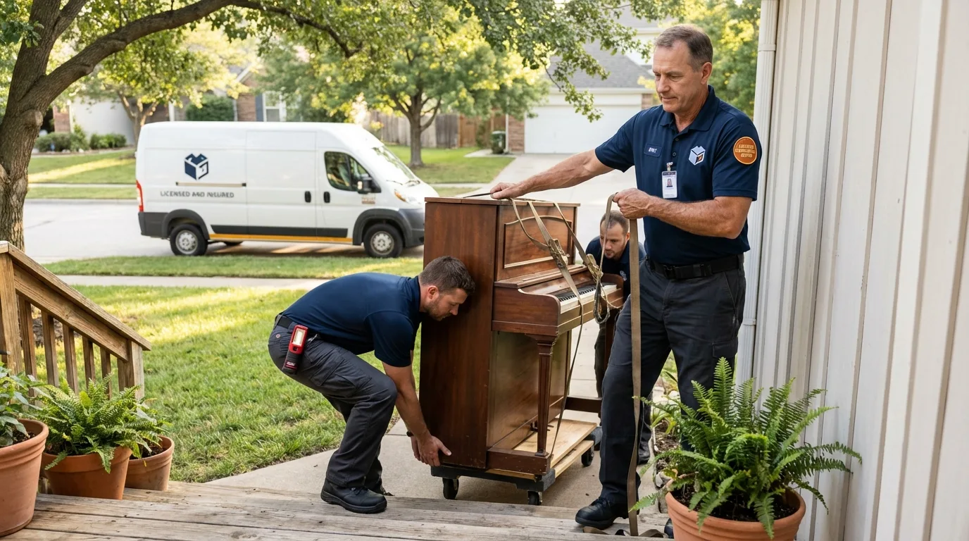 Licensed piano movers securing grand piano in Pendleton, OR