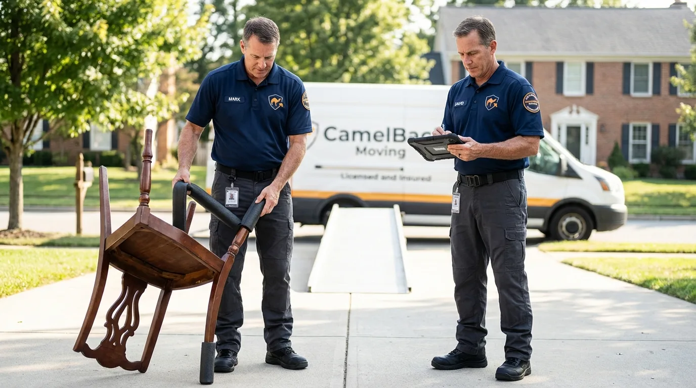 Movers inspecting furniture for damage prevention before loading in Pendleton, OR