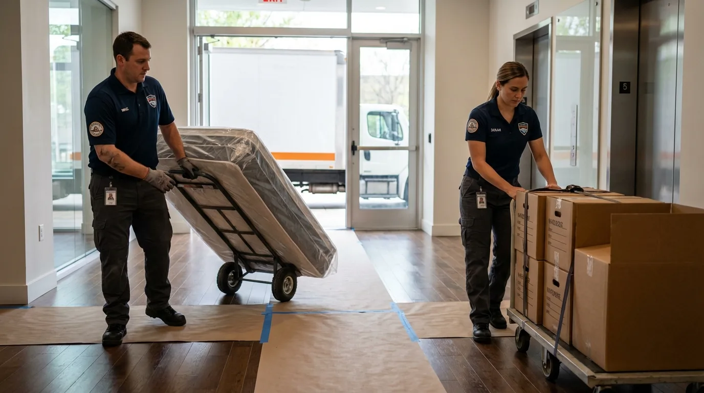 Professional apartment movers loading elevator in Pendleton, OR